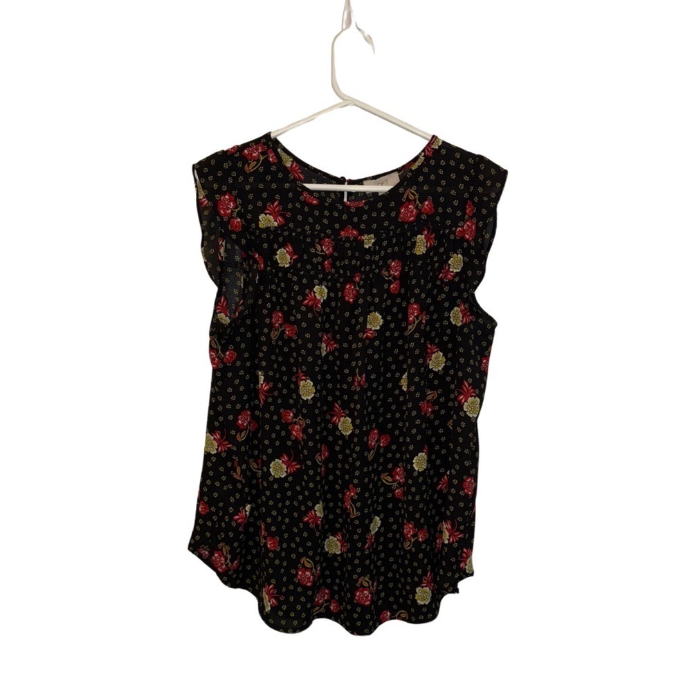 LOFT Black and Red Floral Blouse Sleeveless Flowing